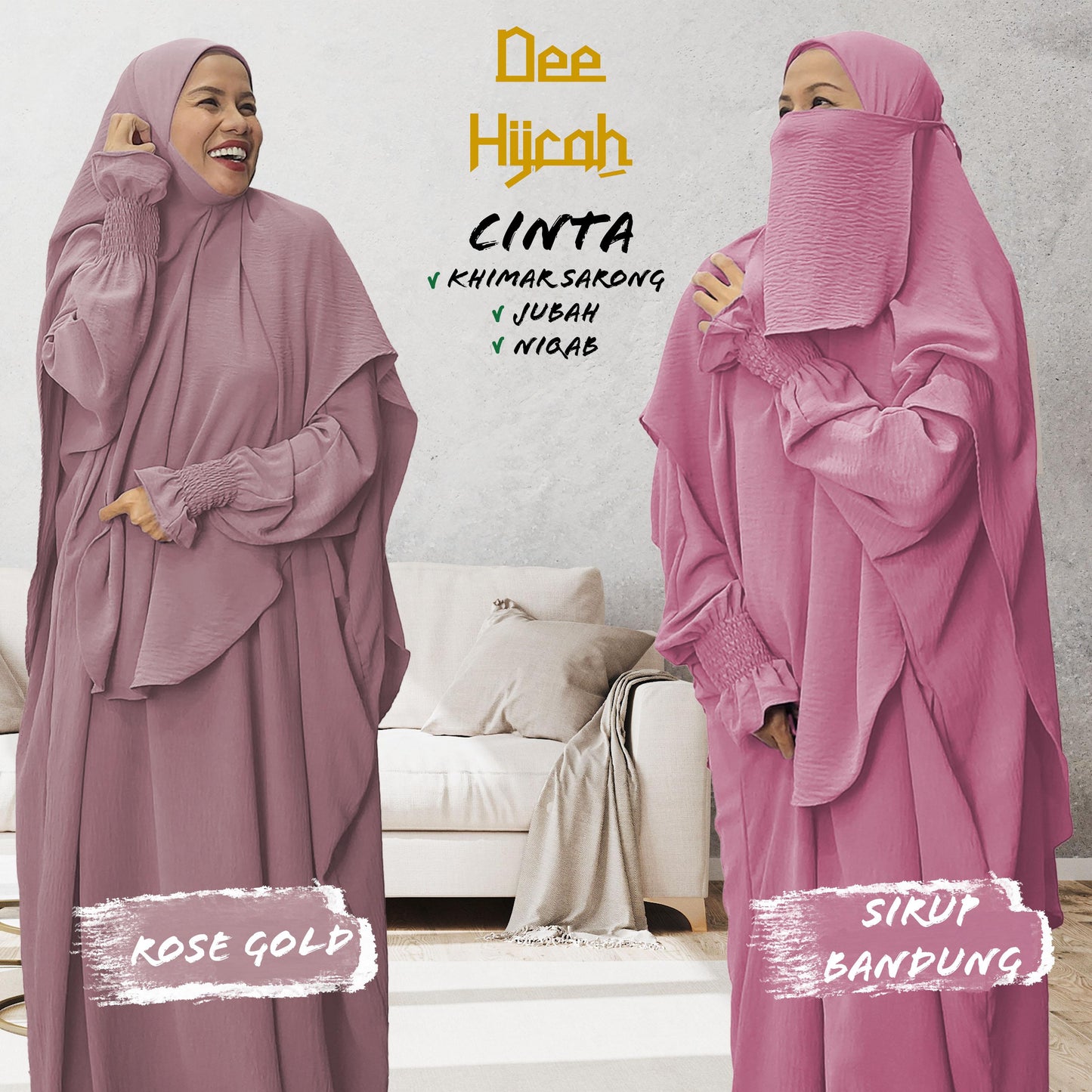 Set 3-in-1 CINTA - Jubah with instant long scarf and free short niqab