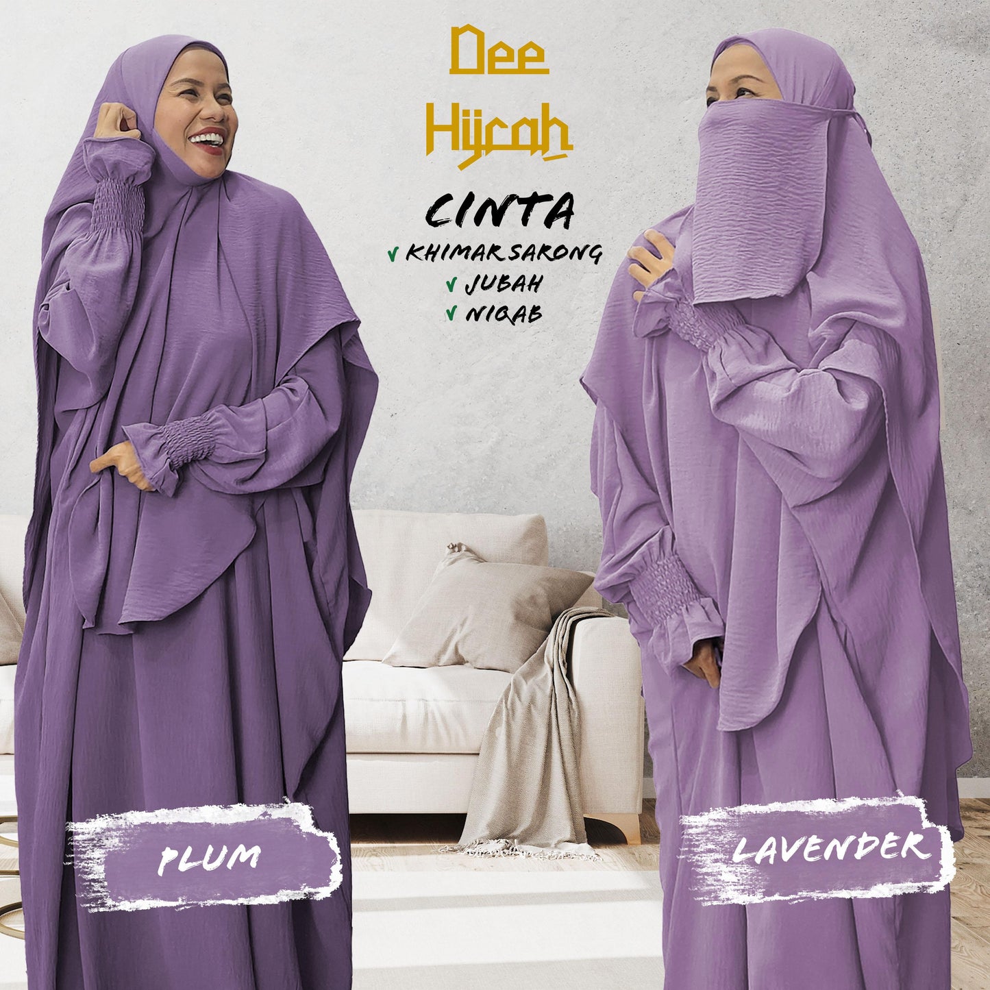 Set 3-in-1 CINTA - Jubah with instant long scarf and free short niqab