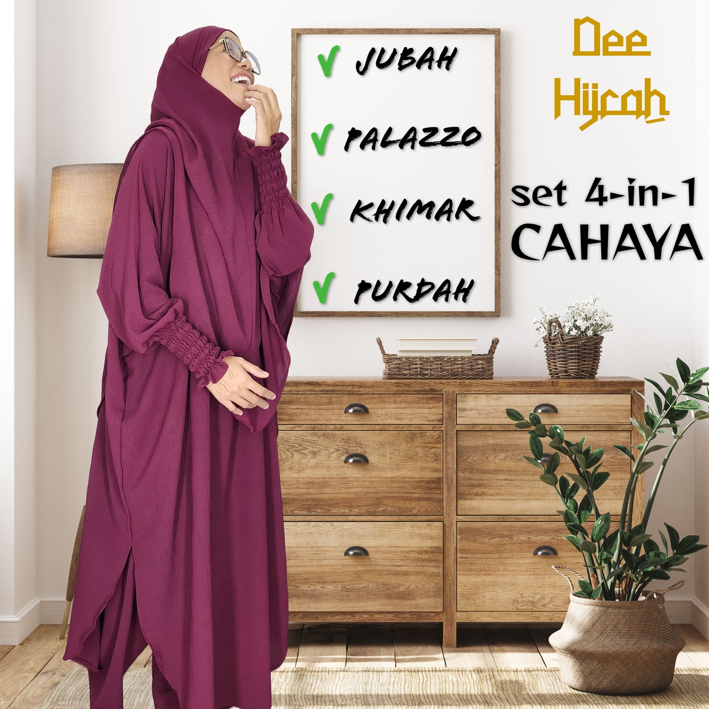 Set 4-in-1 CAHAYA - Jubah and pant with long Khimar and free short niqab
