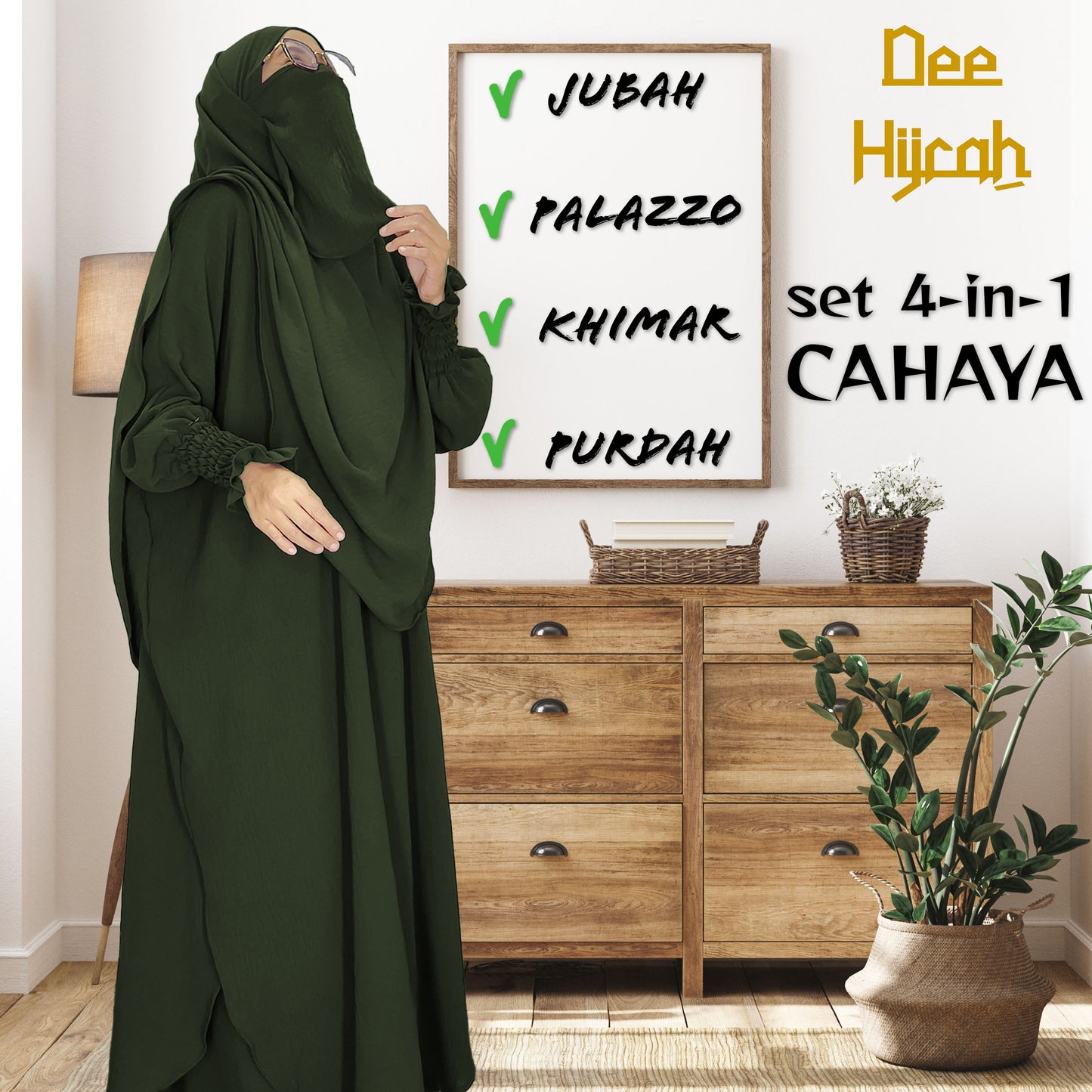 Set 4-in-1 CAHAYA - Jubah and pant with long Khimar and free short niqab