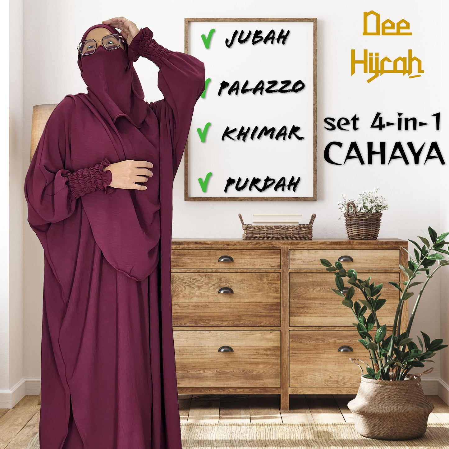 Set 4-in-1 CAHAYA - Jubah and pant with long Khimar and free short niqab