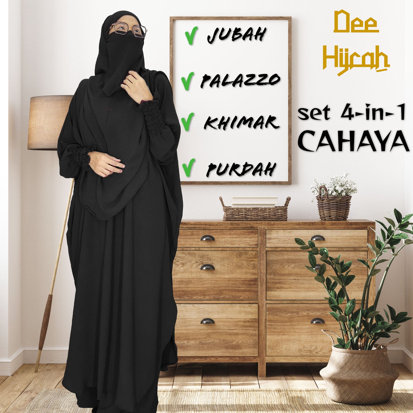 Set 4-in-1 CAHAYA - Jubah and pant with long Khimar and free short niqab
