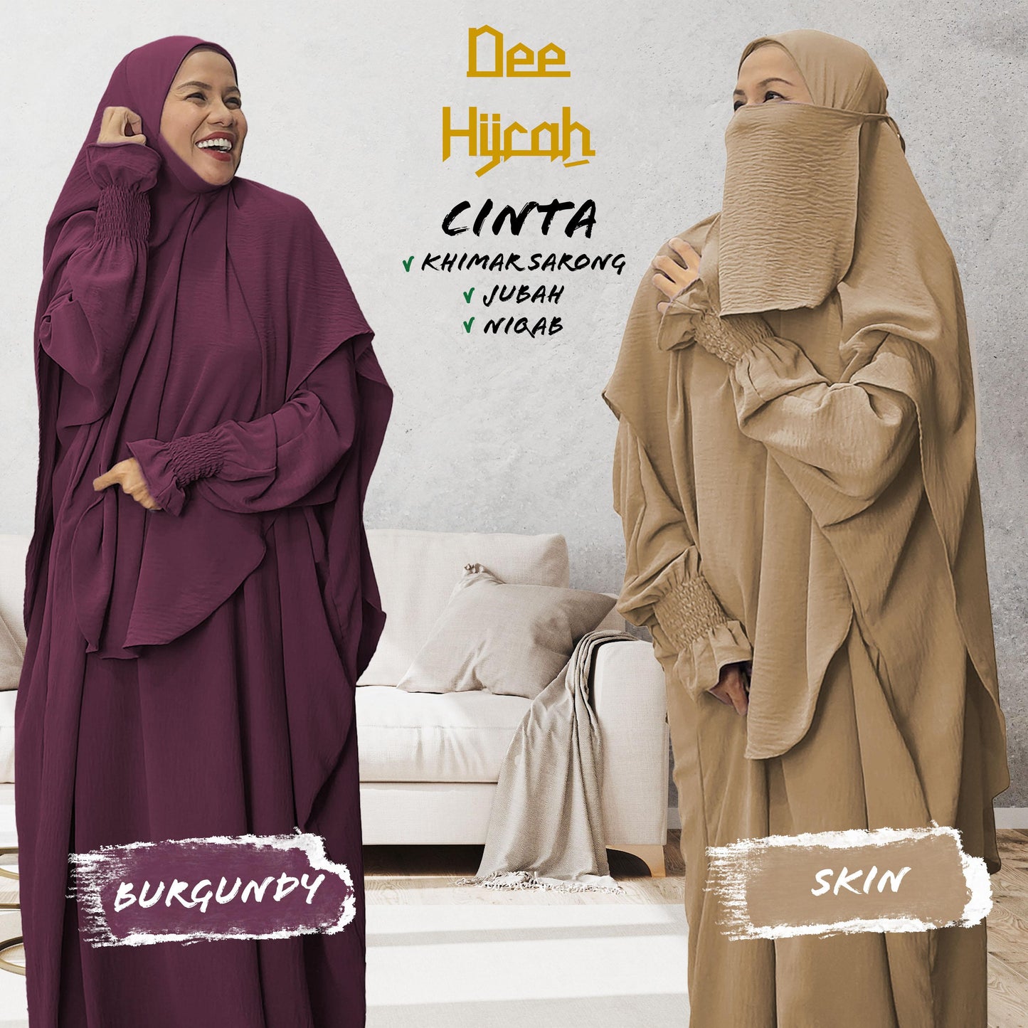 Set 3-in-1 CINTA - Jubah with instant long scarf and free short niqab