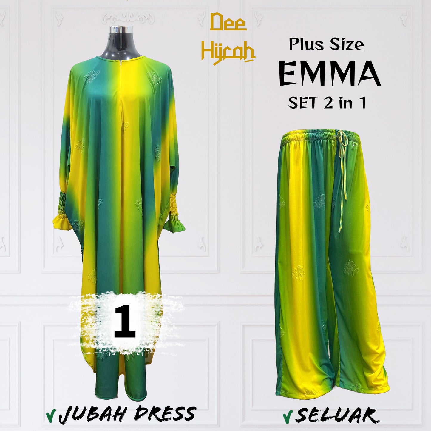 Set 2-in-1 EMMA - Suit Jubah Dress + Pant - Plus Size loose fashion