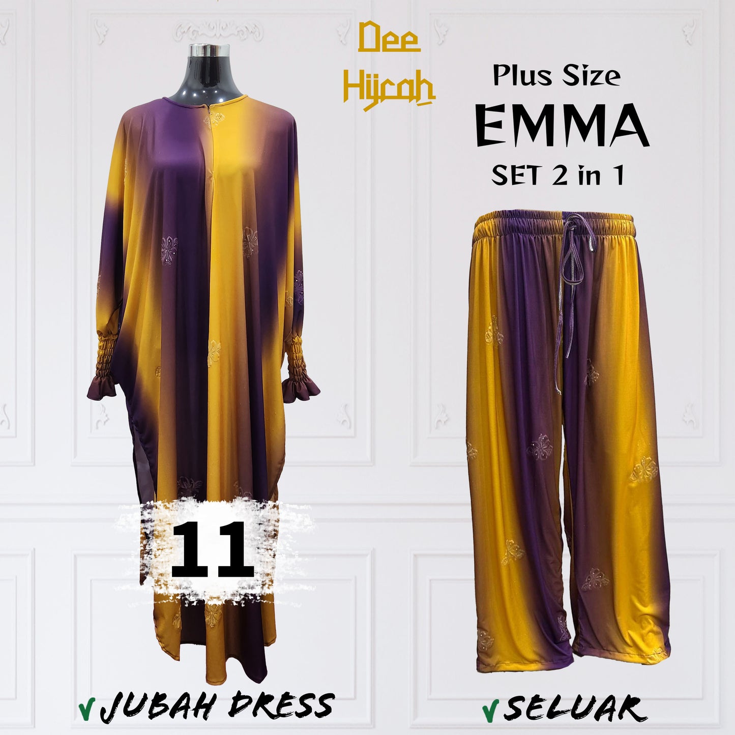 Set 2-in-1 EMMA - Suit Jubah Dress + Pant - Plus Size loose fashion