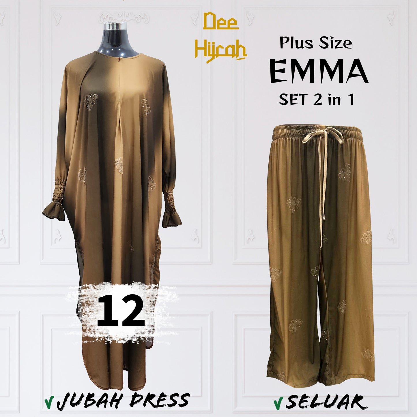 Set 2-in-1 EMMA - Suit Jubah Dress + Pant - Plus Size loose fashion