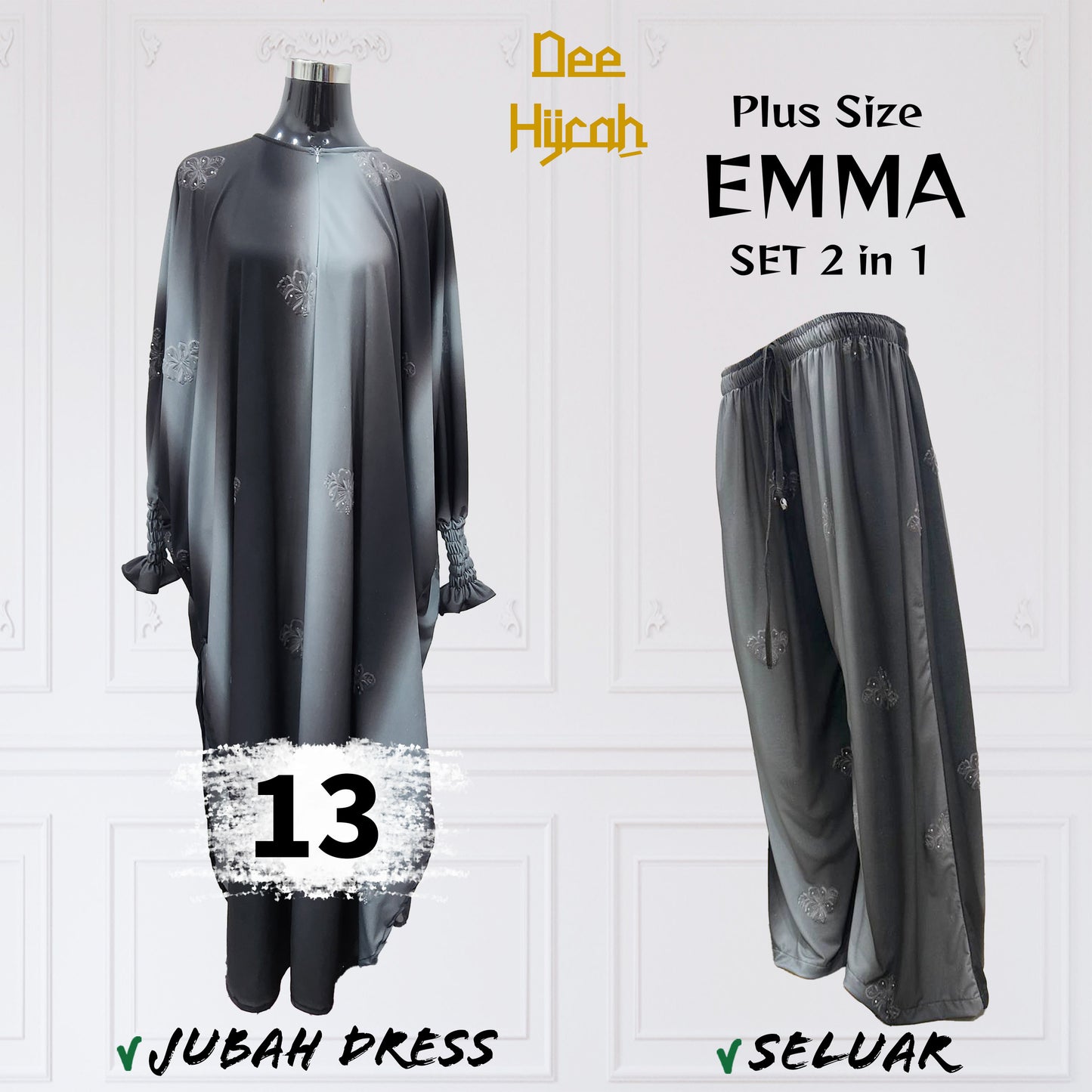 Set 2-in-1 EMMA - Suit Jubah Dress + Pant - Plus Size loose fashion