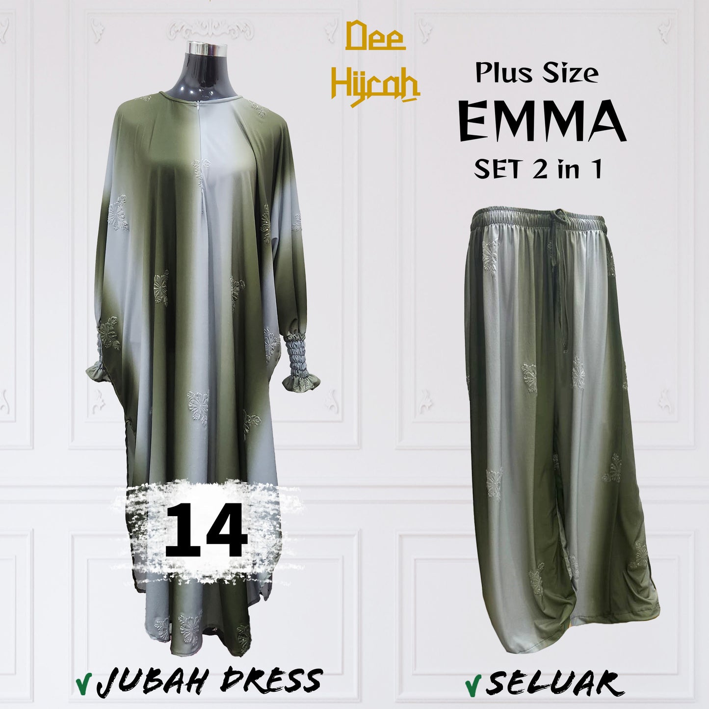 Set 2-in-1 EMMA - Suit Jubah Dress + Pant - Plus Size loose fashion