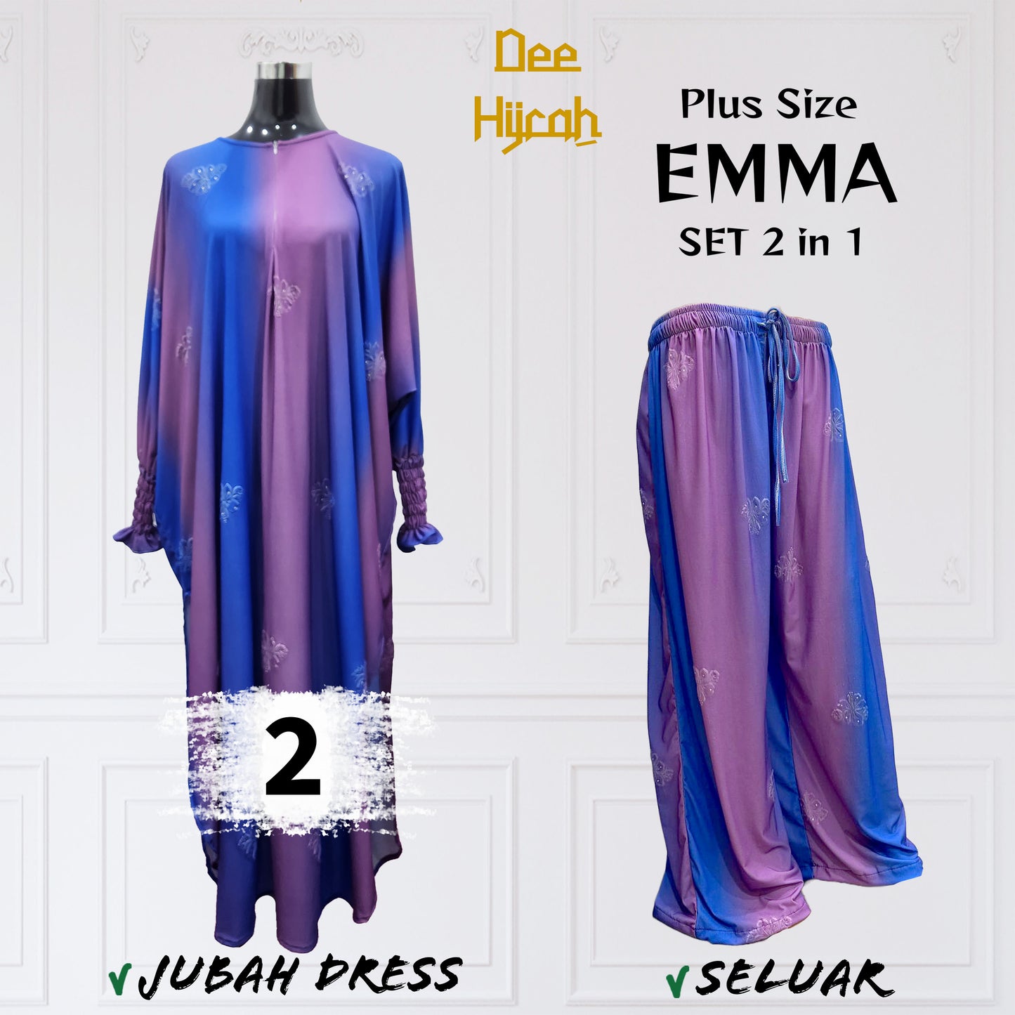 Set 2-in-1 EMMA - Suit Jubah Dress + Pant - Plus Size loose fashion