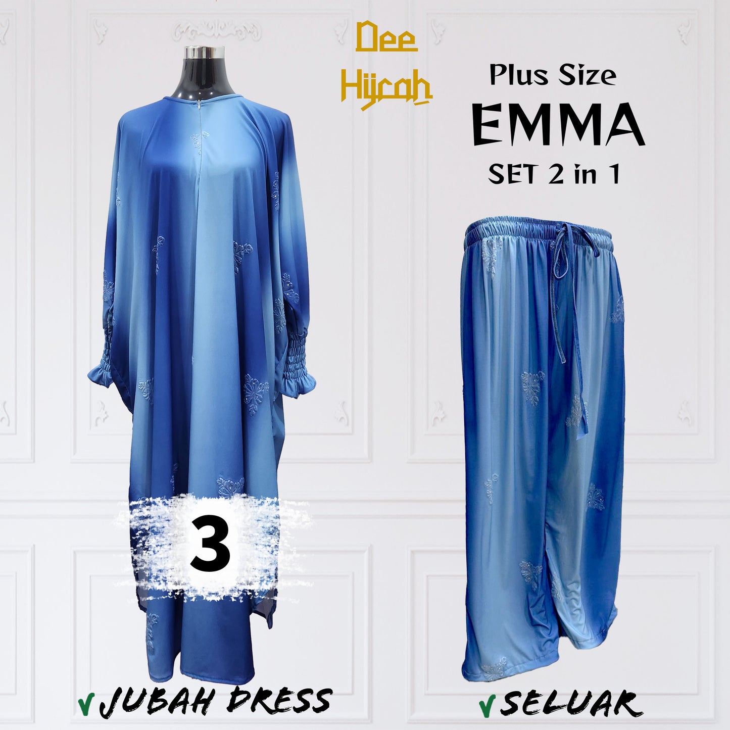 Set 2-in-1 EMMA - Suit Jubah Dress + Pant - Plus Size loose fashion