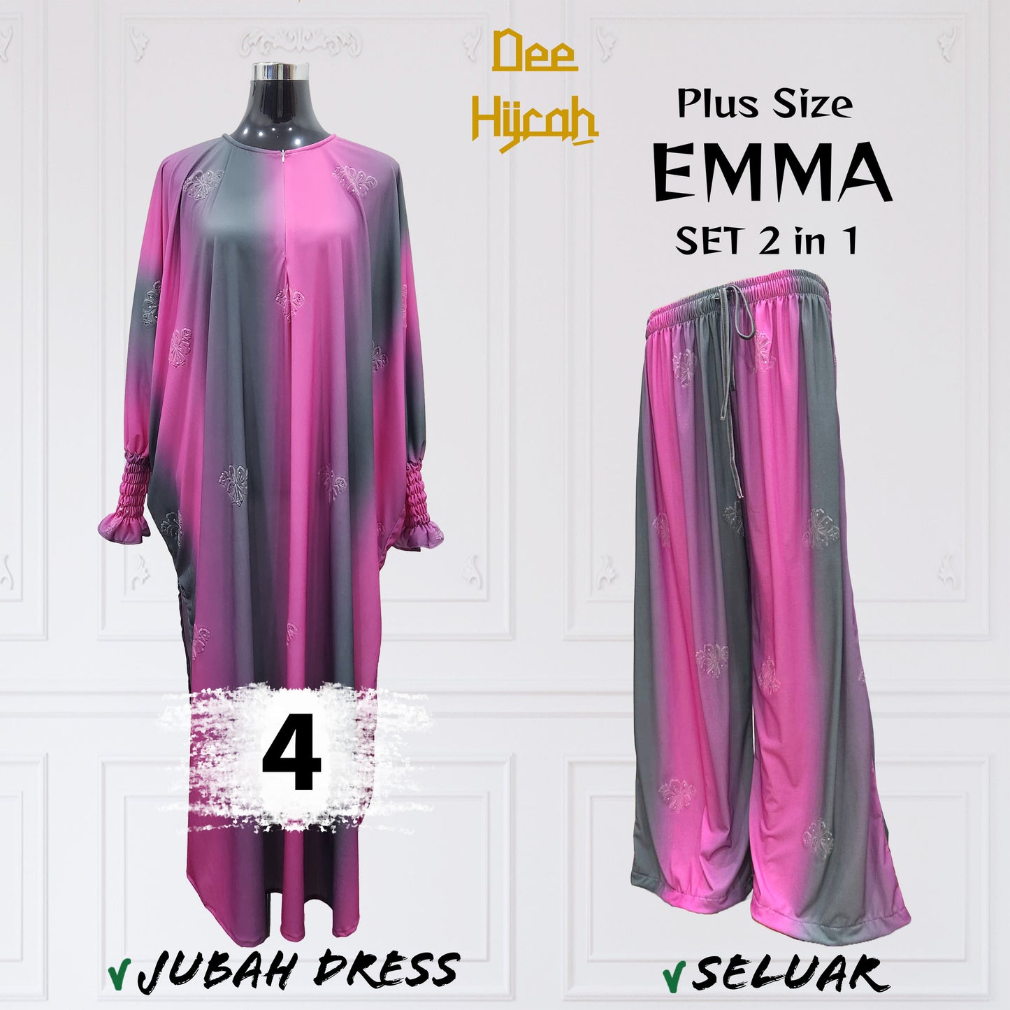 Set 2-in-1 EMMA - Suit Jubah Dress + Pant - Plus Size loose fashion