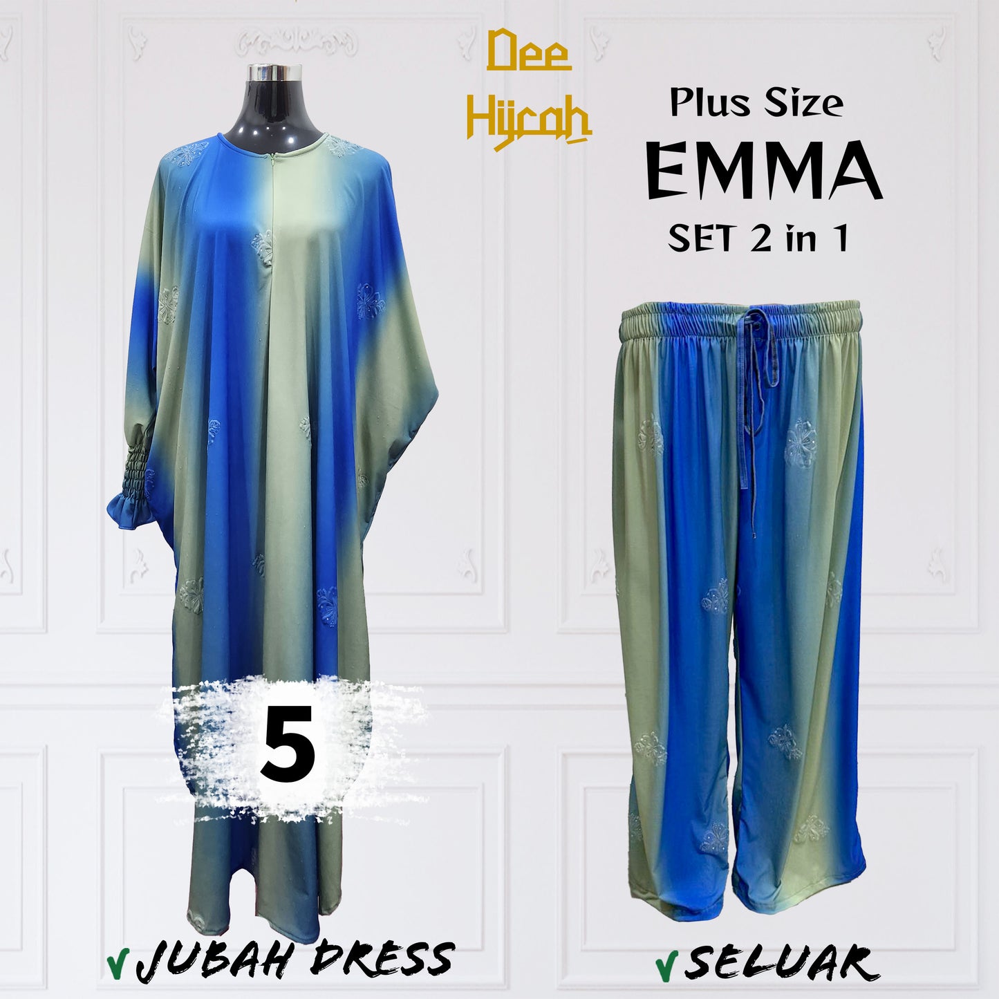 Set 2-in-1 EMMA - Suit Jubah Dress + Pant - Plus Size loose fashion