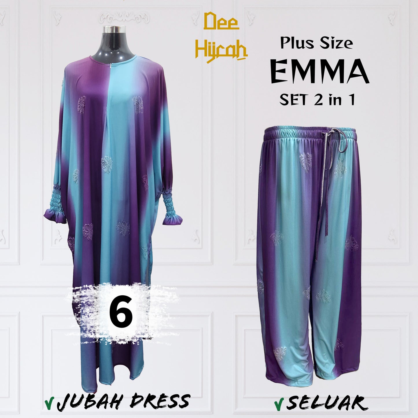 Set 2-in-1 EMMA - Suit Jubah Dress + Pant - Plus Size loose fashion