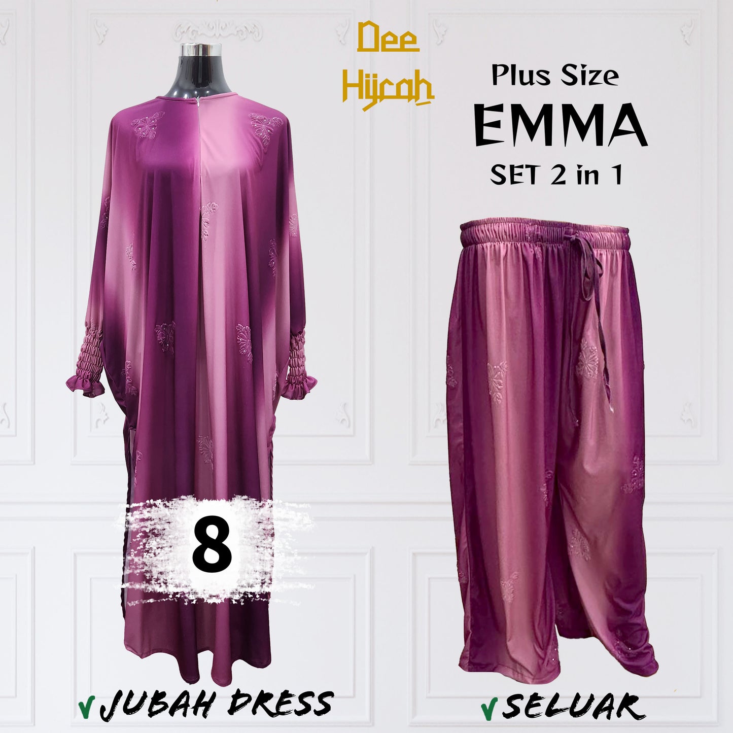 Set 2-in-1 EMMA - Suit Jubah Dress + Pant - Plus Size loose fashion
