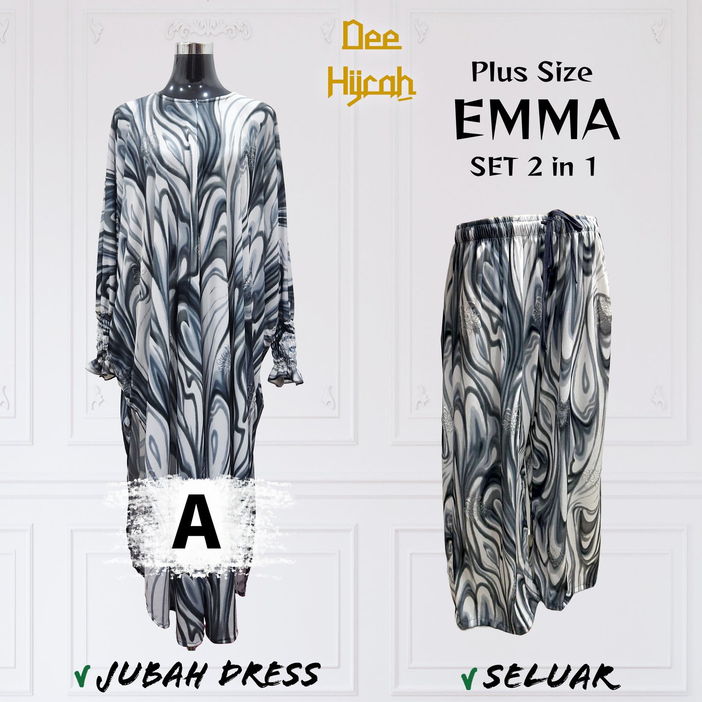 Set 2-in-1 EMMA - Suit Jubah Dress + Pant - Plus Size loose fashion