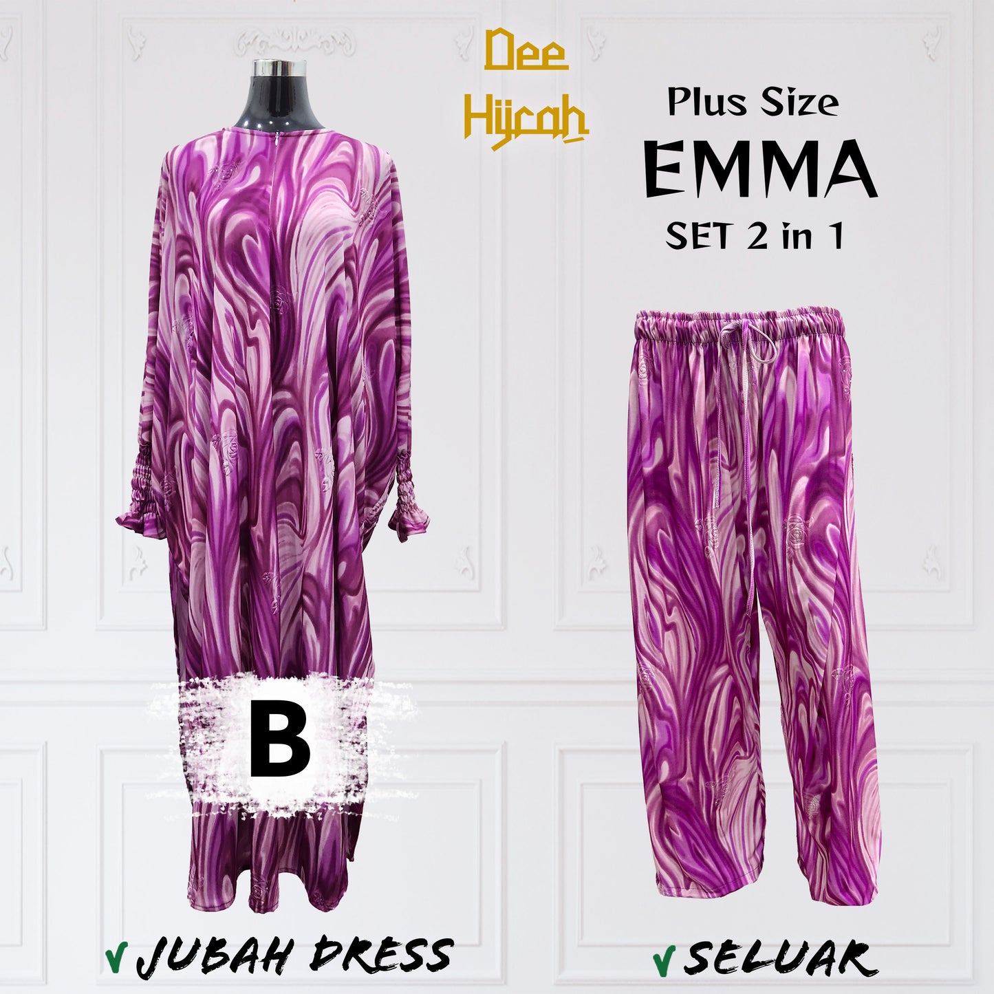 Set 2-in-1 EMMA - Suit Jubah Dress + Pant - Plus Size loose fashion