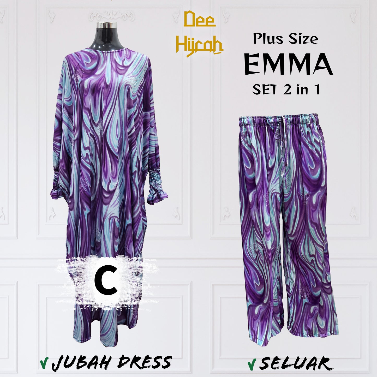 Set 2-in-1 EMMA - Suit Jubah Dress + Pant - Plus Size loose fashion