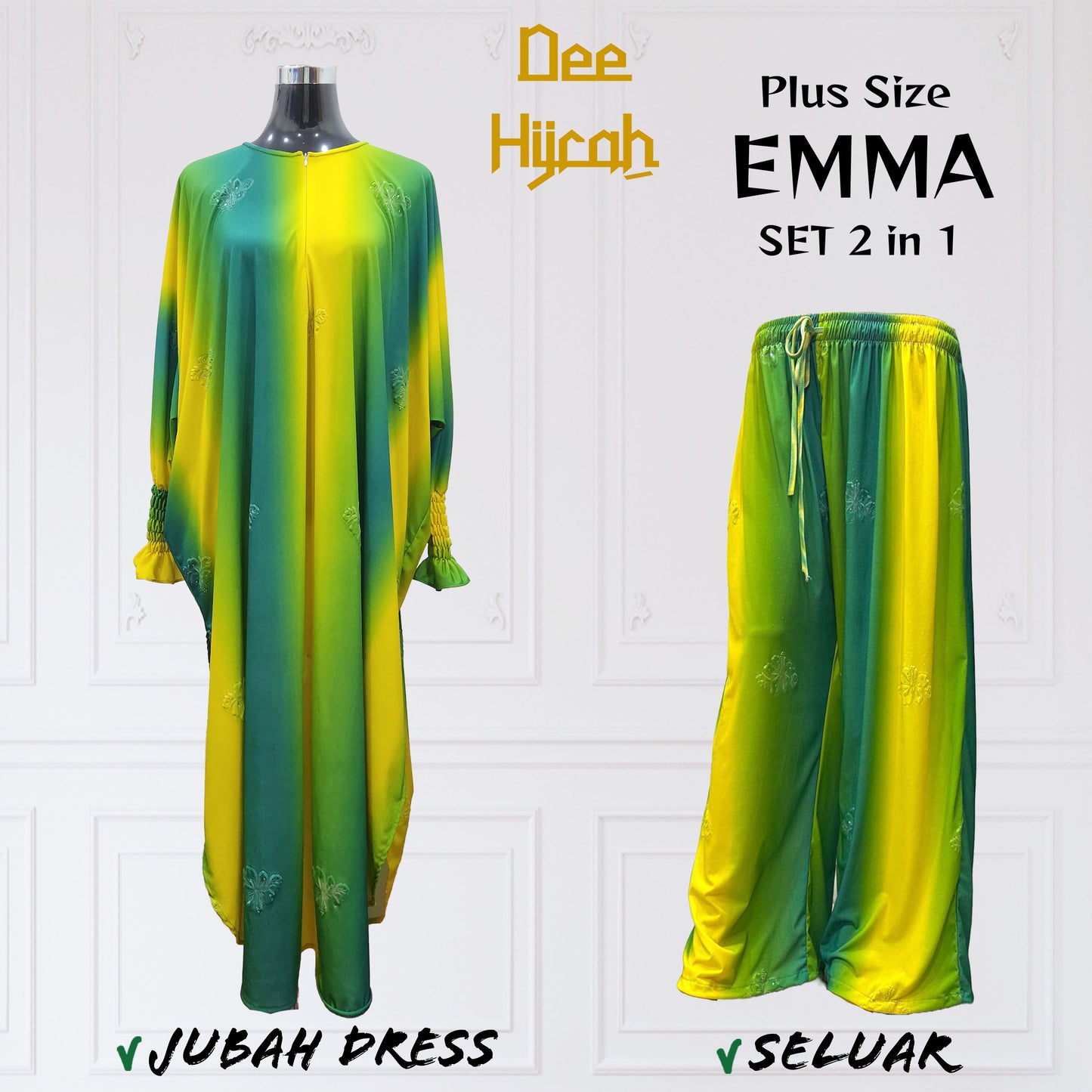 Set 2-in-1 EMMA - Suit Jubah Dress + Pant - Plus Size loose fashion