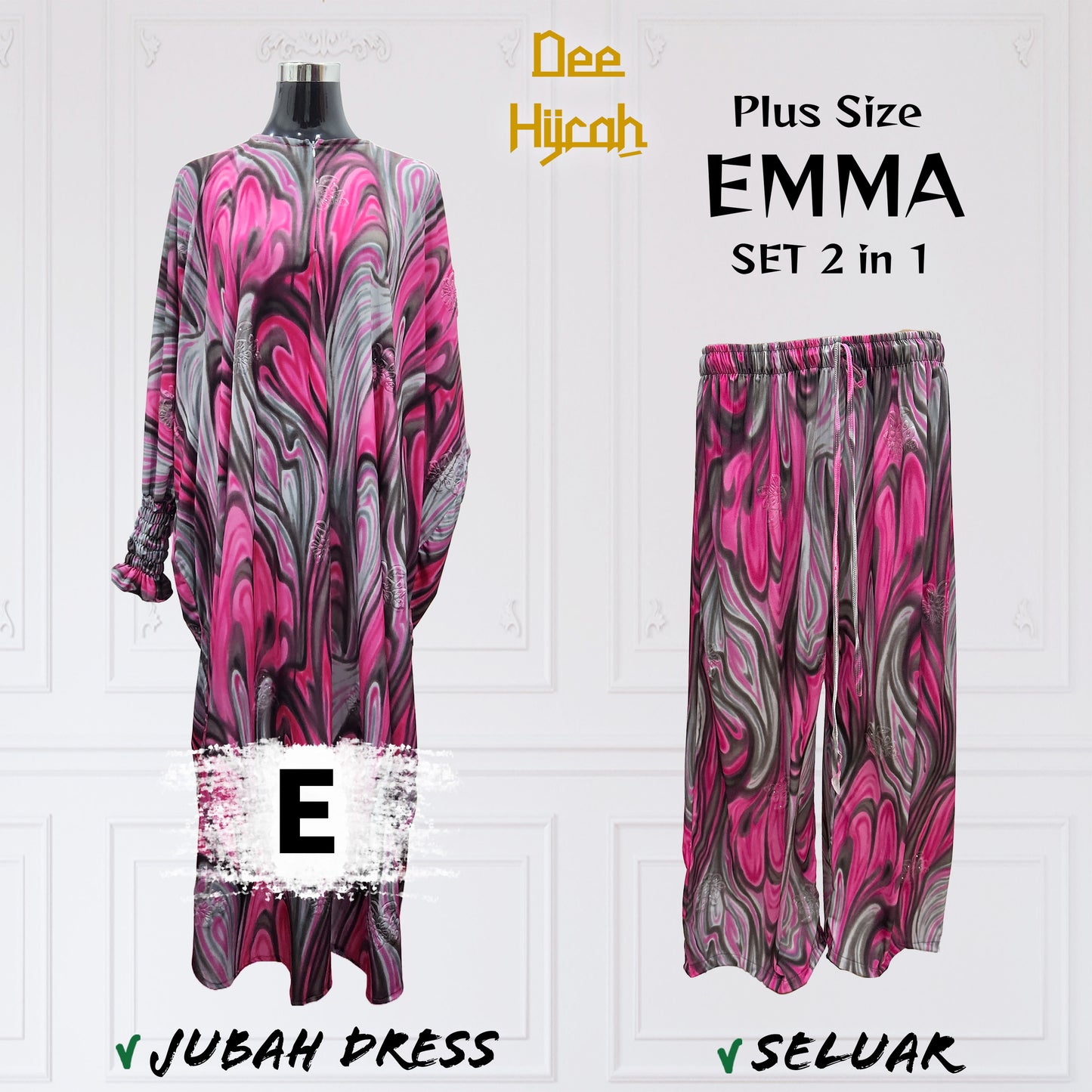 Set 2-in-1 EMMA - Suit Jubah Dress + Pant - Plus Size loose fashion