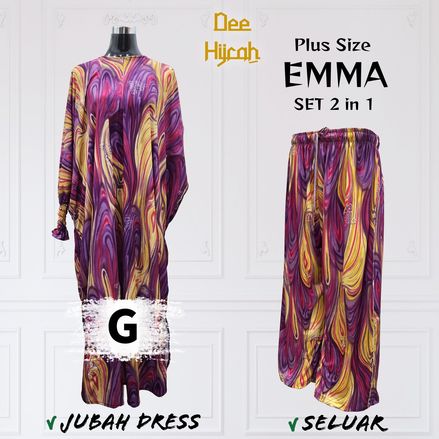 Set 2-in-1 EMMA - Suit Jubah Dress + Pant - Plus Size loose fashion