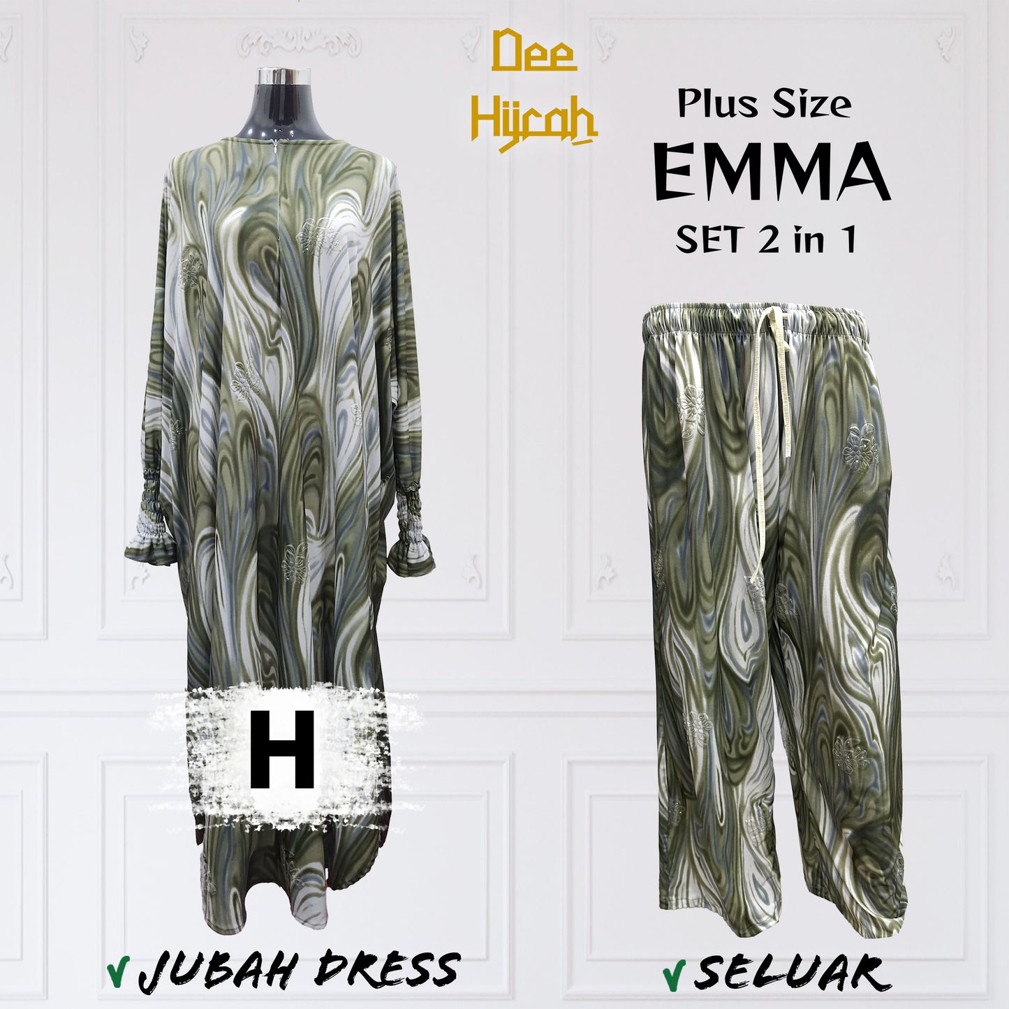 Set 2-in-1 EMMA - Suit Jubah Dress + Pant - Plus Size loose fashion