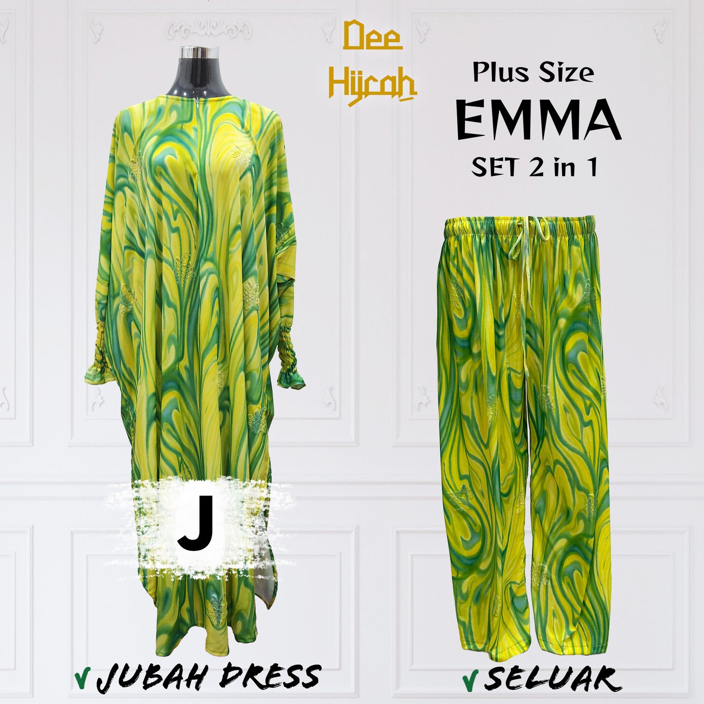 Set 2-in-1 EMMA - Suit Jubah Dress + Pant - Plus Size loose fashion