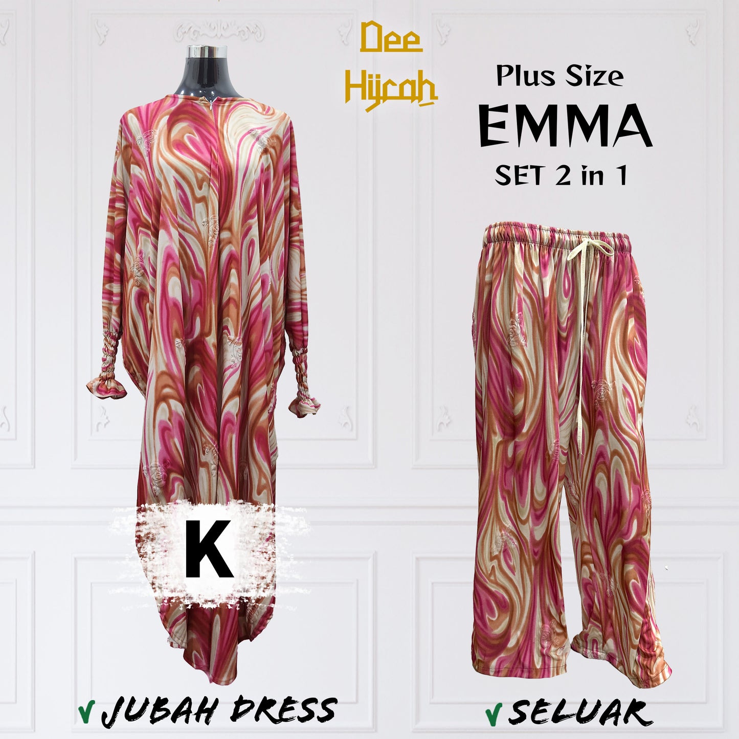 Set 2-in-1 EMMA - Suit Jubah Dress + Pant - Plus Size loose fashion