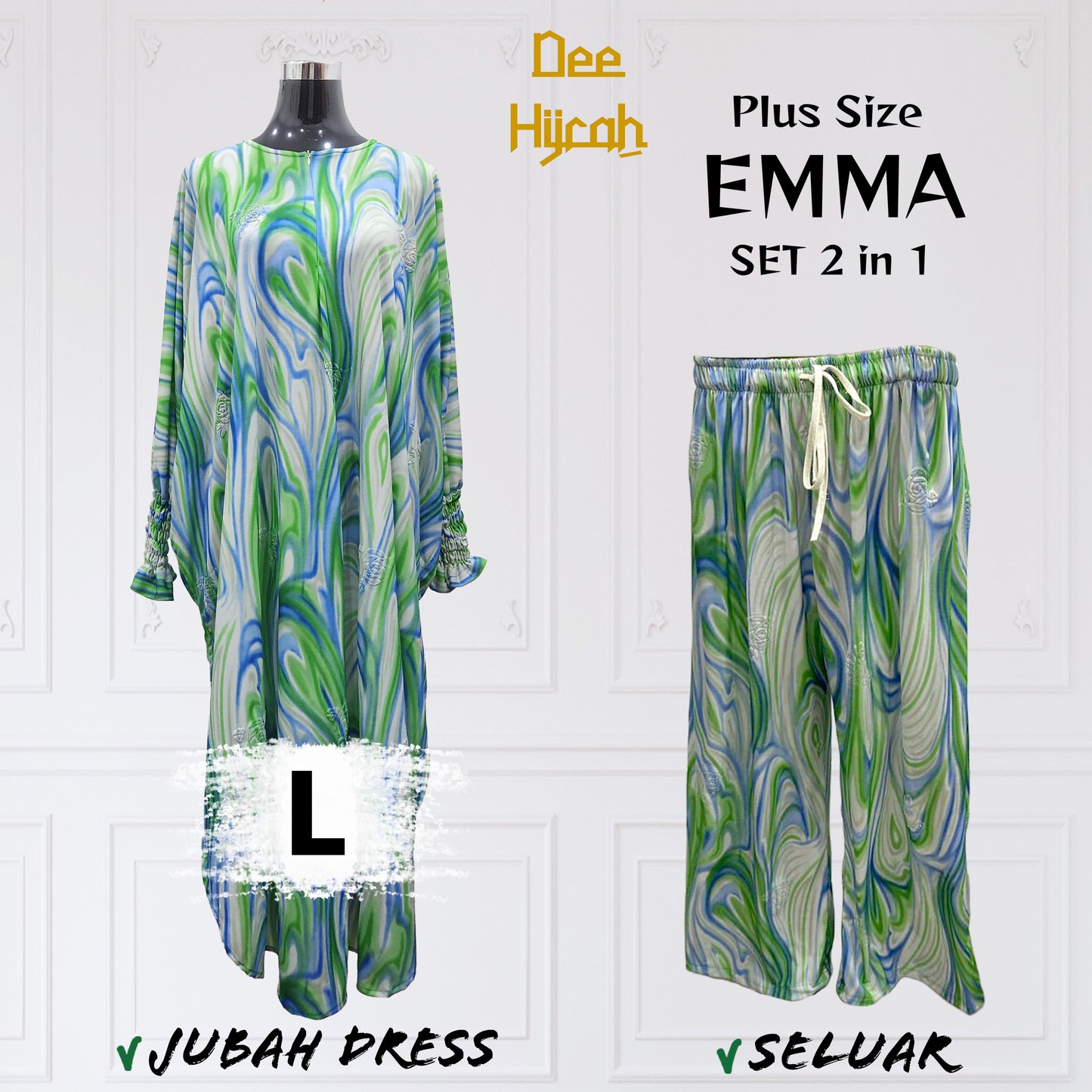 Set 2-in-1 EMMA - Suit Jubah Dress + Pant - Plus Size loose fashion