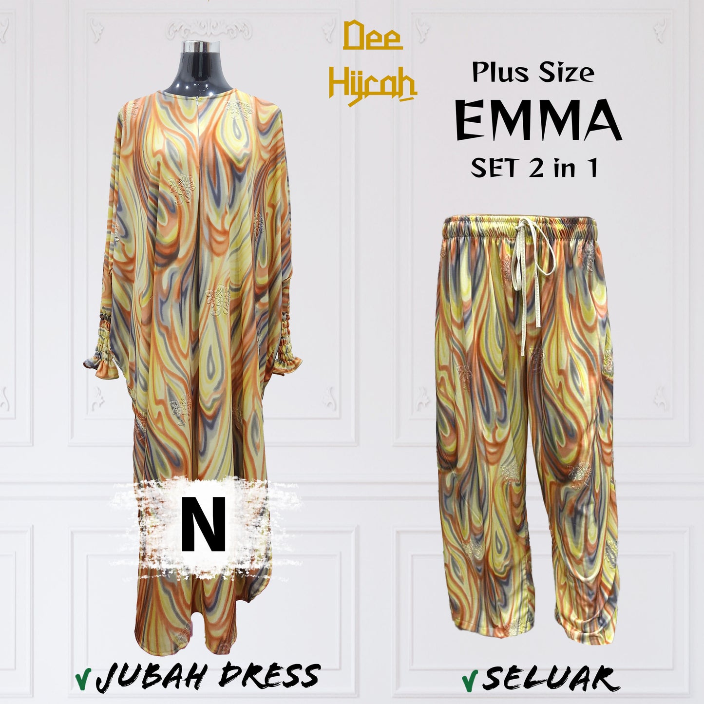 Set 2-in-1 EMMA - Suit Jubah Dress + Pant - Plus Size loose fashion