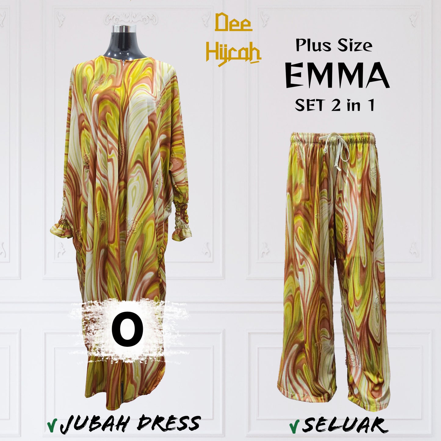 Set 2-in-1 EMMA - Suit Jubah Dress + Pant - Plus Size loose fashion
