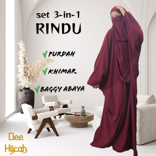 Set 3-in-1 RINDU - Baggy Abaya with instant long scarf and free short Niqab