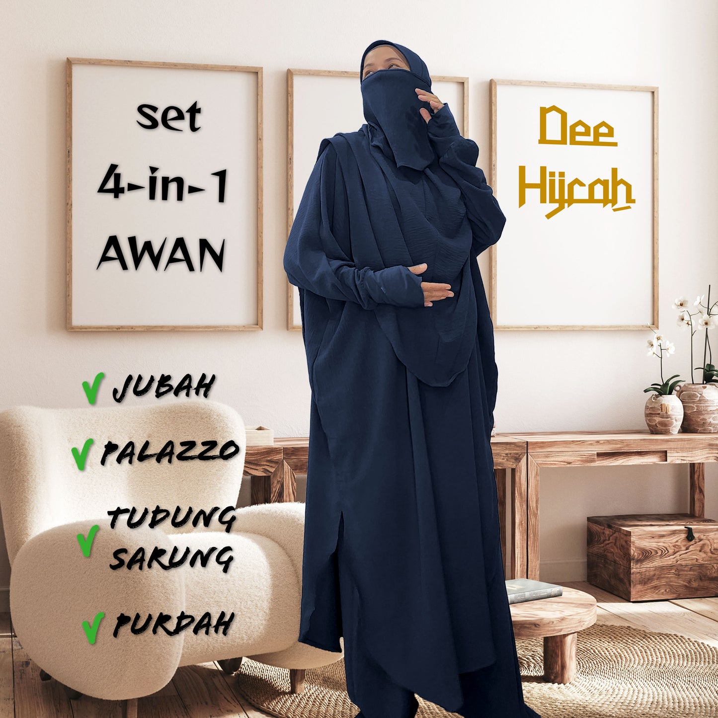 Set 4-in-1 AWAN - Jubah and pant with instant long Scarf and free short Niqab