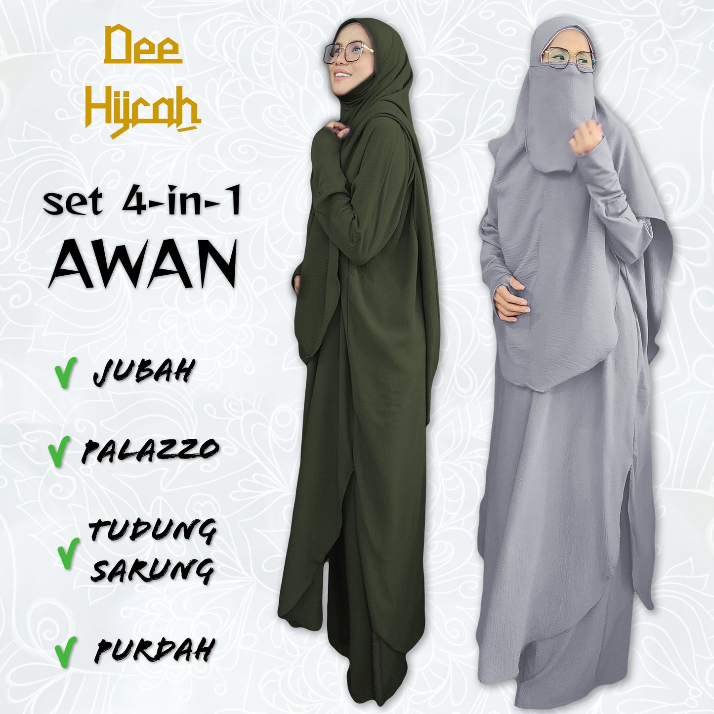 Set 4-in-1 AWAN - Jubah and pant with instant long Scarf and free short Niqab