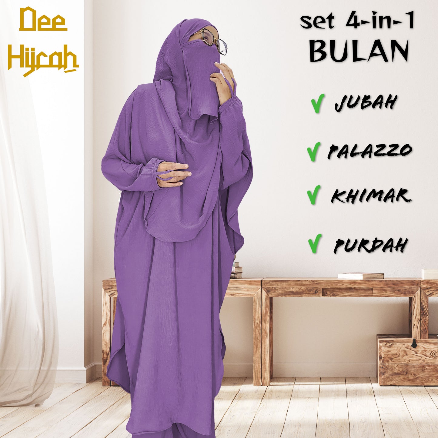 Set 4-in-1 BULAN - Jubah and pant with long Khimar and free short niqab