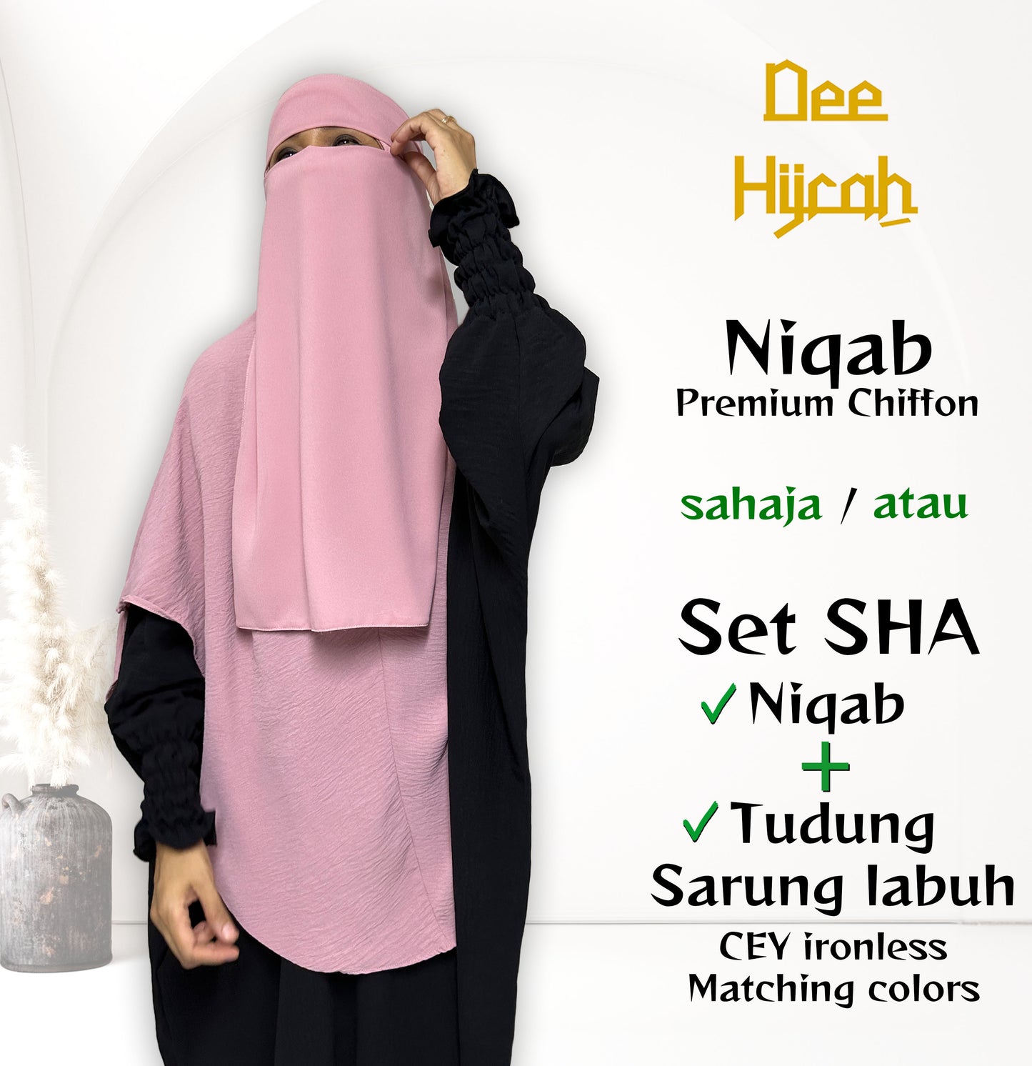 Set SHA - Niqab Ninja Chiffon + Long Instant Hijab with stretchable head and chin with matching colors