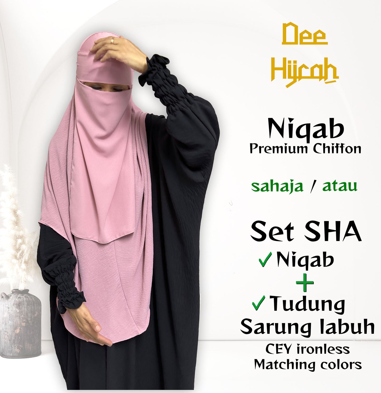 Set SHA - Niqab Ninja Chiffon + Long Instant Hijab with stretchable head and chin with matching colors