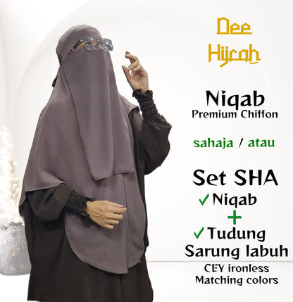 Set SHA - Niqab Ninja Chiffon + Long Instant Hijab with stretchable head and chin with matching colors