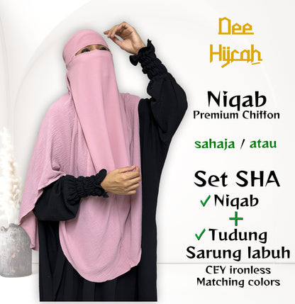 Set SHA - Niqab Ninja Chiffon + Long Instant Hijab with stretchable head and chin with matching colors