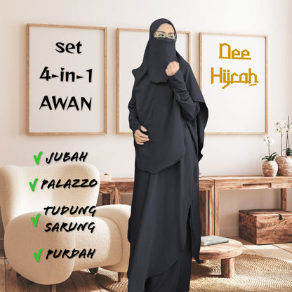 Set 4-in-1 AWAN - Jubah and pant with instant long Scarf and free short Niqab