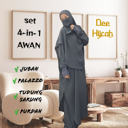 Set 4-in-1 AWAN - Jubah and pant with instant long Scarf and free short Niqab