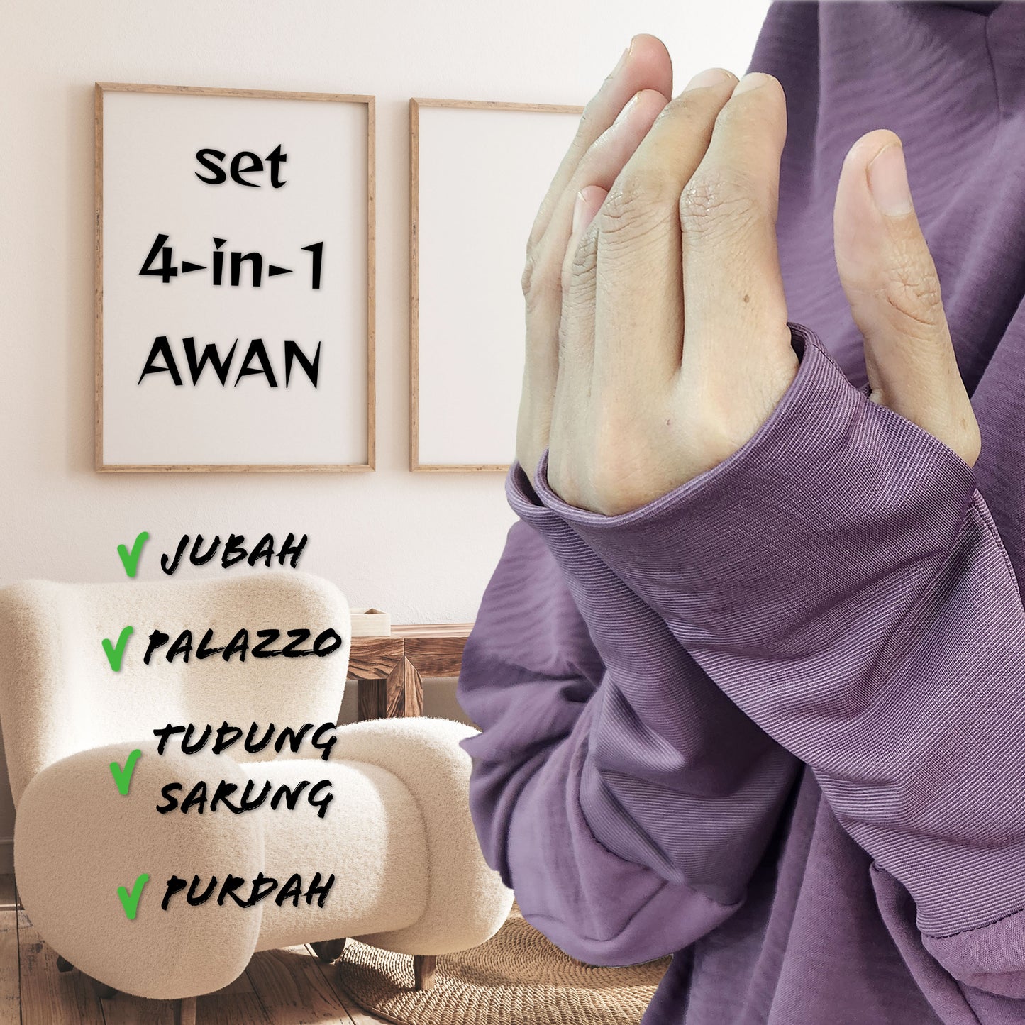 Set 4-in-1 AWAN - Jubah and pant with instant long Scarf and free short Niqab