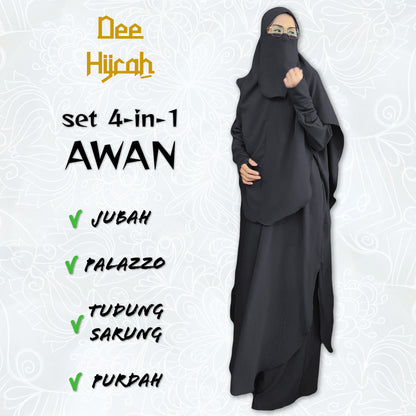 Set 4-in-1 AWAN - Jubah and pant with instant long Scarf and free short Niqab