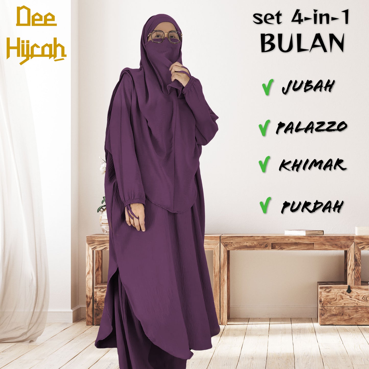 Set 4-in-1 BULAN - Jubah and pant with long Khimar and free short niqab