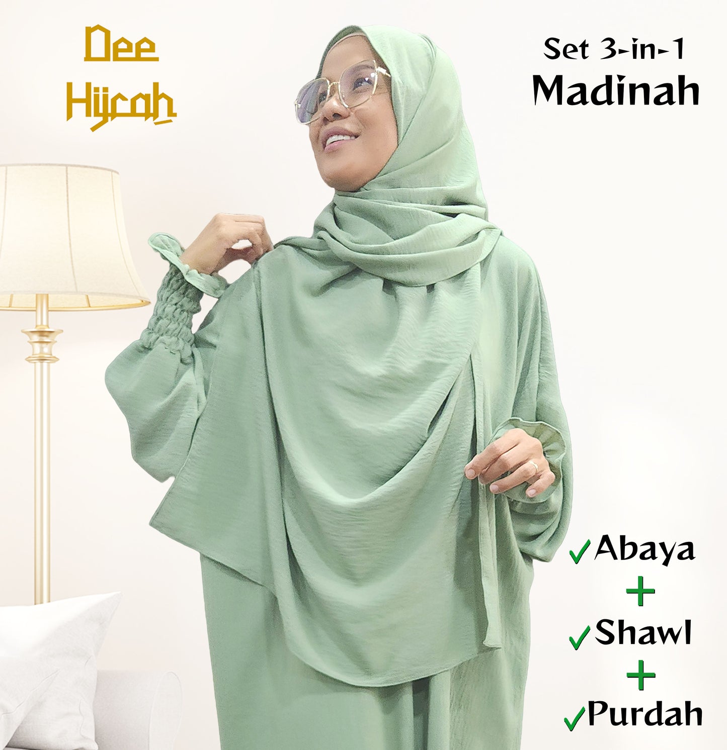 DeeHijrah Set Abaya Madinah 3-in-1 One piece Abaya dengan Shawl Besar Terpasang + Free Purdah Wanita Loose fashion Plussize friendly