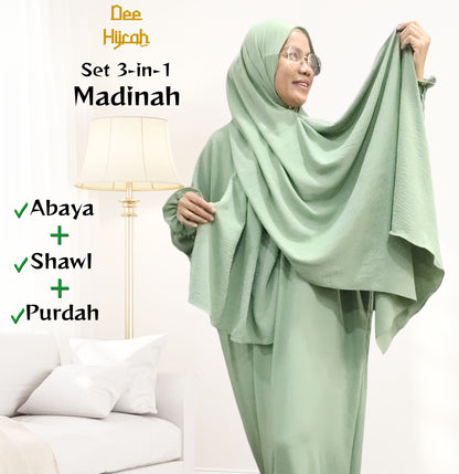 DeeHijrah Set Abaya Madinah 3-in-1 One piece Abaya dengan Shawl Besar Terpasang + Free Purdah Wanita Loose fashion Plussize friendly