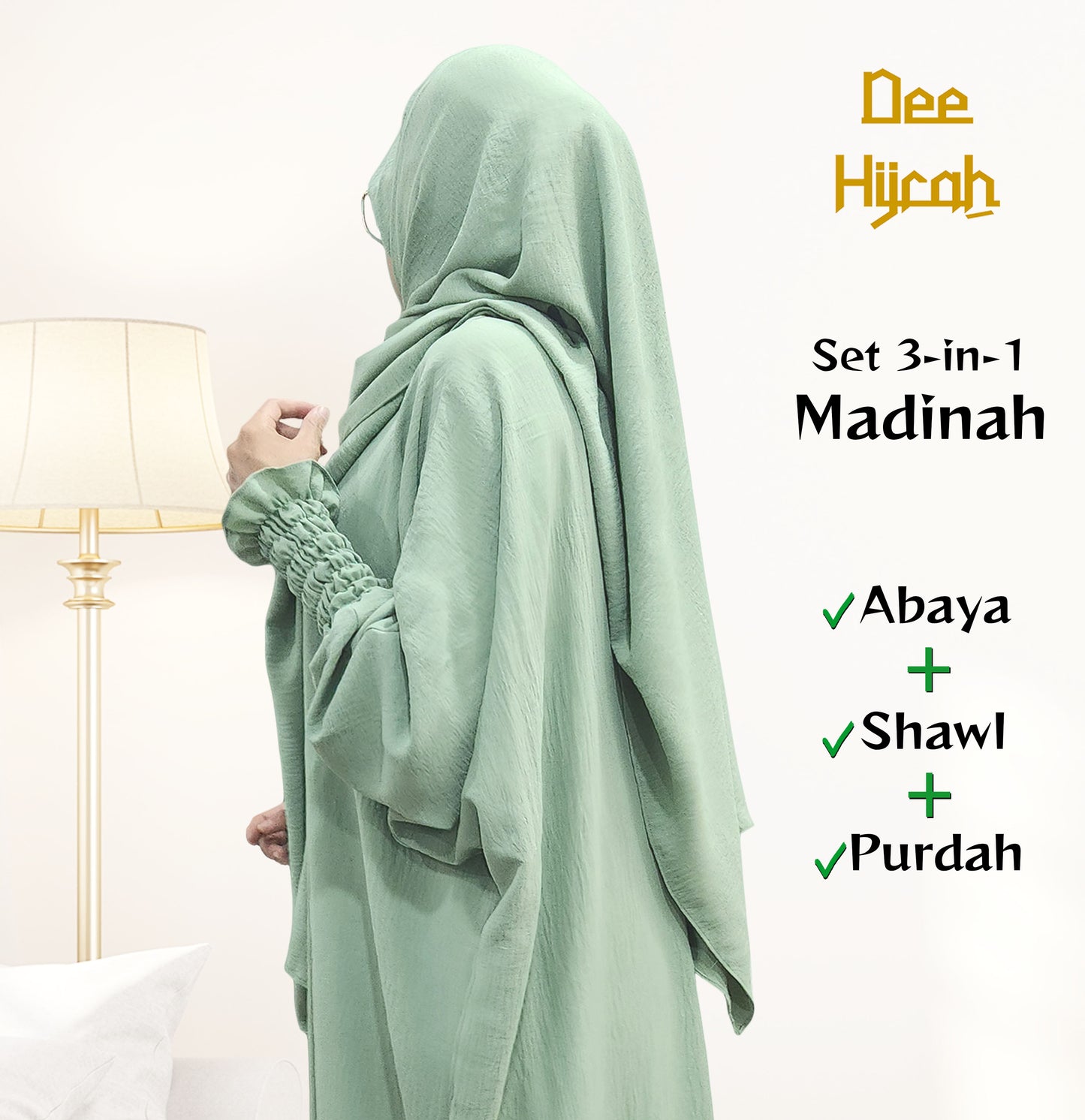 DeeHijrah Set Abaya Madinah 3-in-1 One piece Abaya dengan Shawl Besar Terpasang + Free Purdah Wanita Loose fashion Plussize friendly