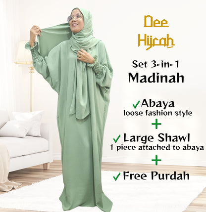 DeeHijrah Set Abaya Madinah 3-in-1 One piece Abaya dengan Shawl Besar Terpasang + Free Purdah Wanita Loose fashion Plussize friendly