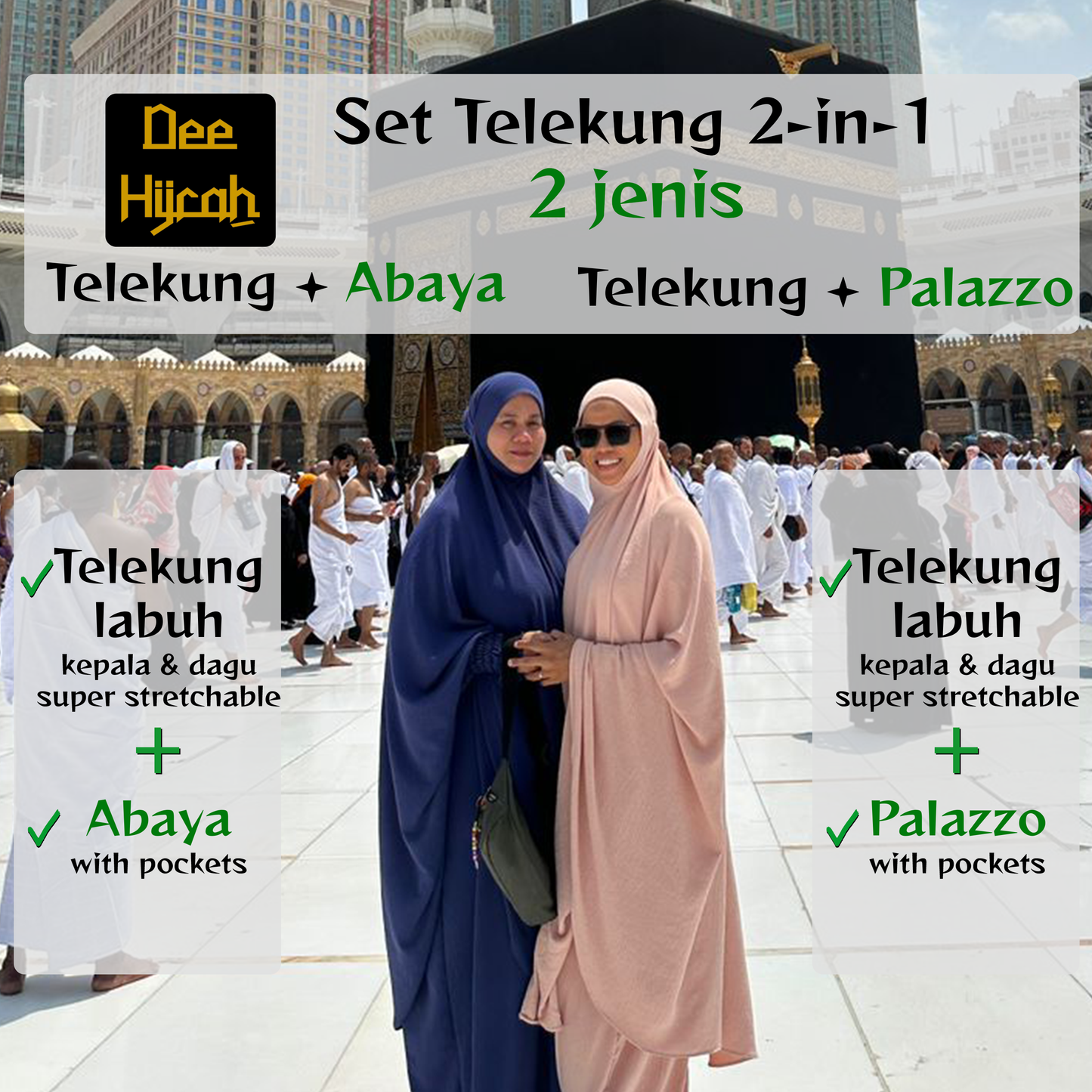 DeeHijrah Set Mekkah 2-in-1 Telekung Labuh + Palazzo or Abaya with pockets loose fashion plussize edition Umrah