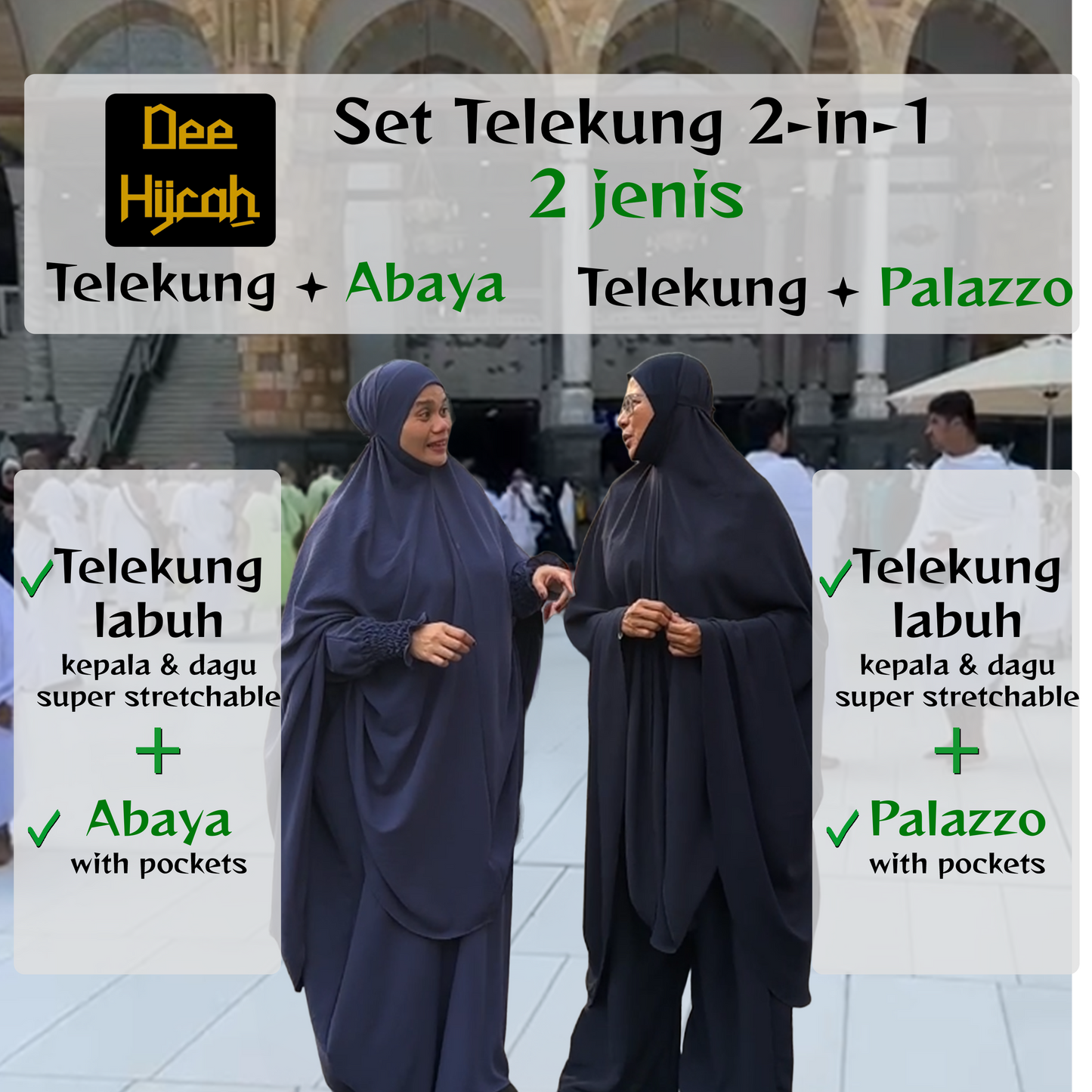 DeeHijrah Set Mekkah 2-in-1 Telekung Labuh + Palazzo or Abaya with pockets loose fashion plussize edition Umrah